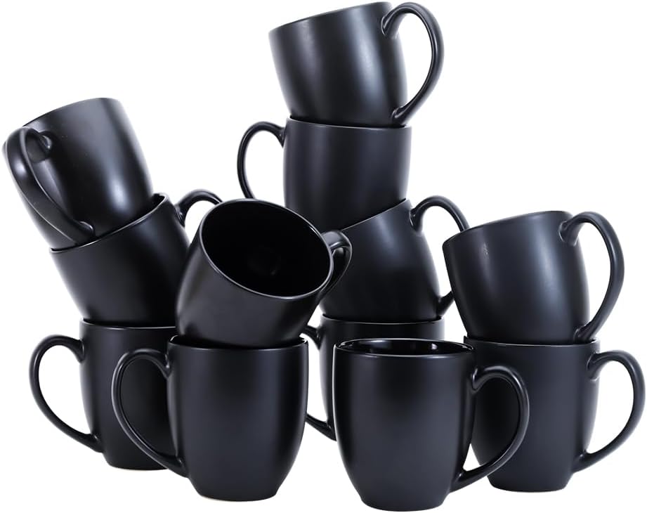 12-pack Matte Black Ceramic Coffee Mug, 16 ounces, Microwave-Safe, Stoneware, Commercial-grade