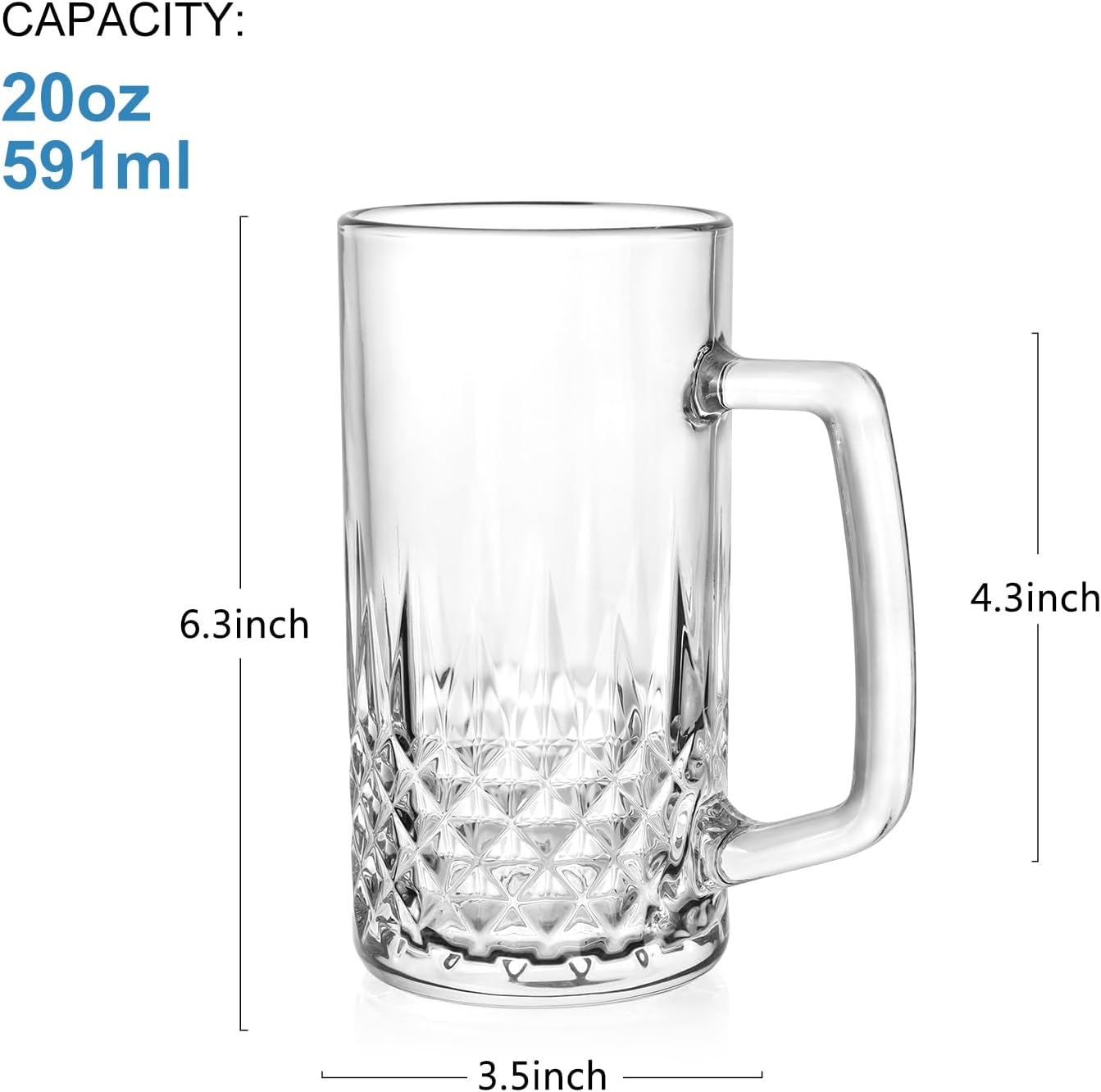 Beer Mugs For Freezer, 20 oz Large Heavy Glass Mugs with Handles Set of 4, Clear Large Beer Steins for Tea, Coffee, Lead-Free Glasses Oktoberfest Style, Best Gifts for Dad Husband or Friend - Image 2