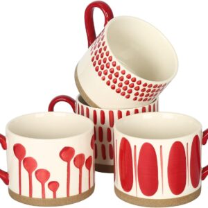 Hand Painted 15 oz. Porcelain Ceramic Mugs Set. Service for 4. (Hand Painted - Red)