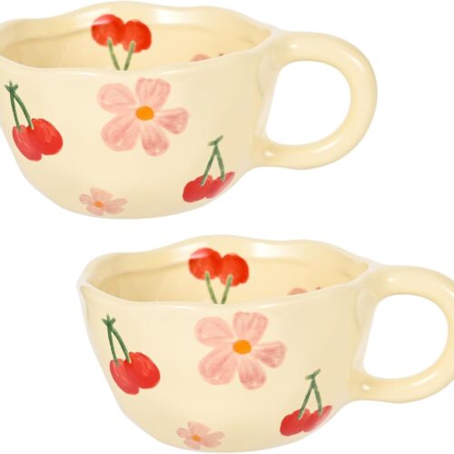 Ceramic Coffee Mug Vintage Flower Mugs 8 oz Cute Floral Coffee Mugs Irregular Latte Art Cup Lead-free Porcelain Cups for Cappuccino, Cocoa (2 Pcs Pink Cherry)