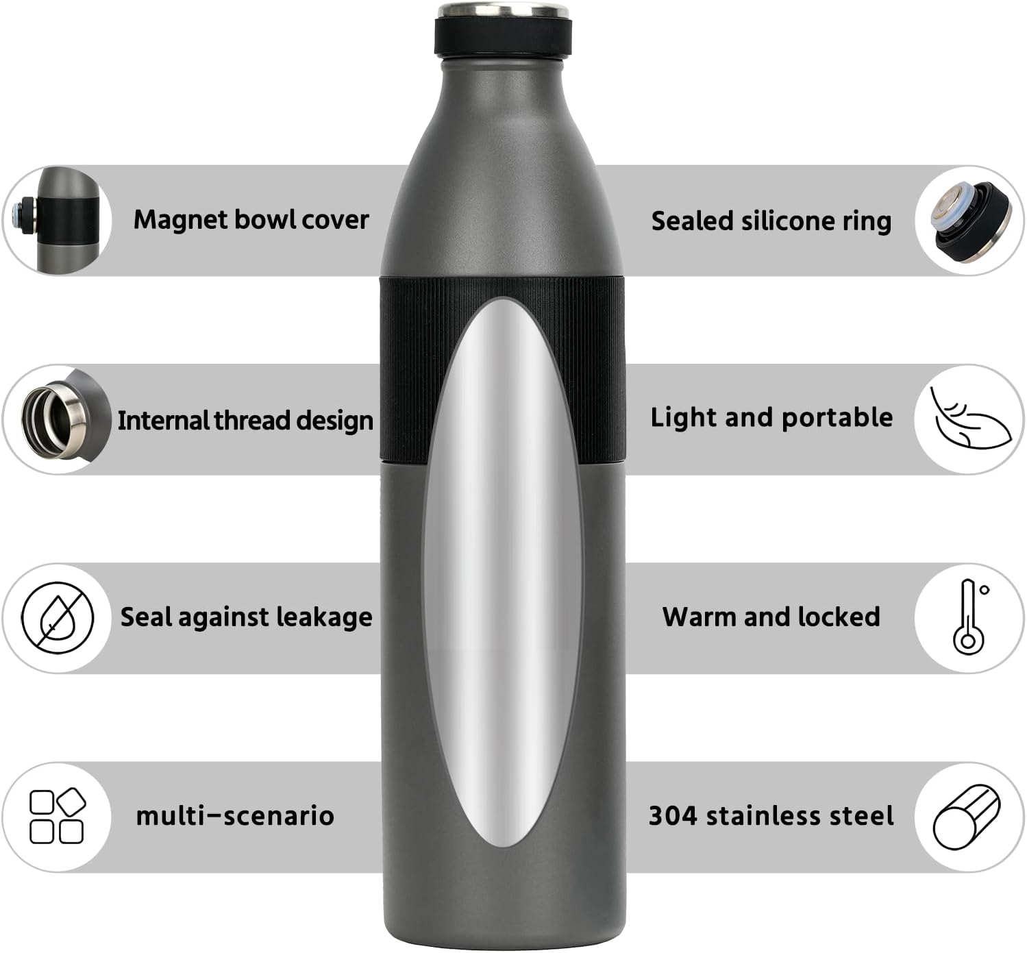 Magnet bottle Stainless Steel, Magnetic lid attaches for hands-free drinking convenience.Leakproof Lid & Durable for Office/Gym, BPA-Free for Teens/Adults(Gray 33oz) - Image 2