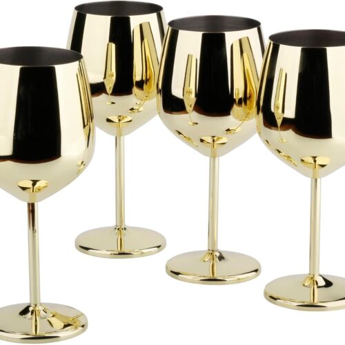 Stainless Steel Wine Glass 18oz – Set of 4 Gold – 3.6″ D x 8.3″ H (850978)
