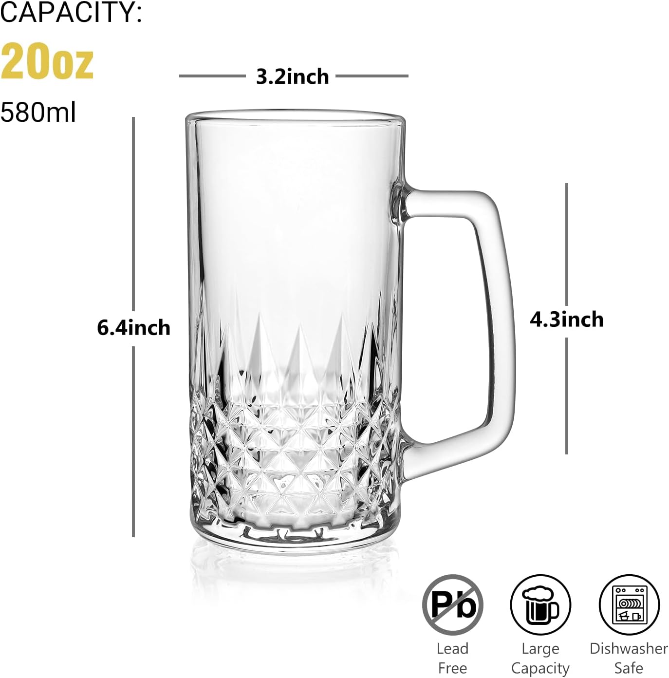 Beer Mug Set of 2, 20oz Crystal Beer Glasses with Handle, Glass Beer Mugs for Freezer, Gifts for Men - Image 2