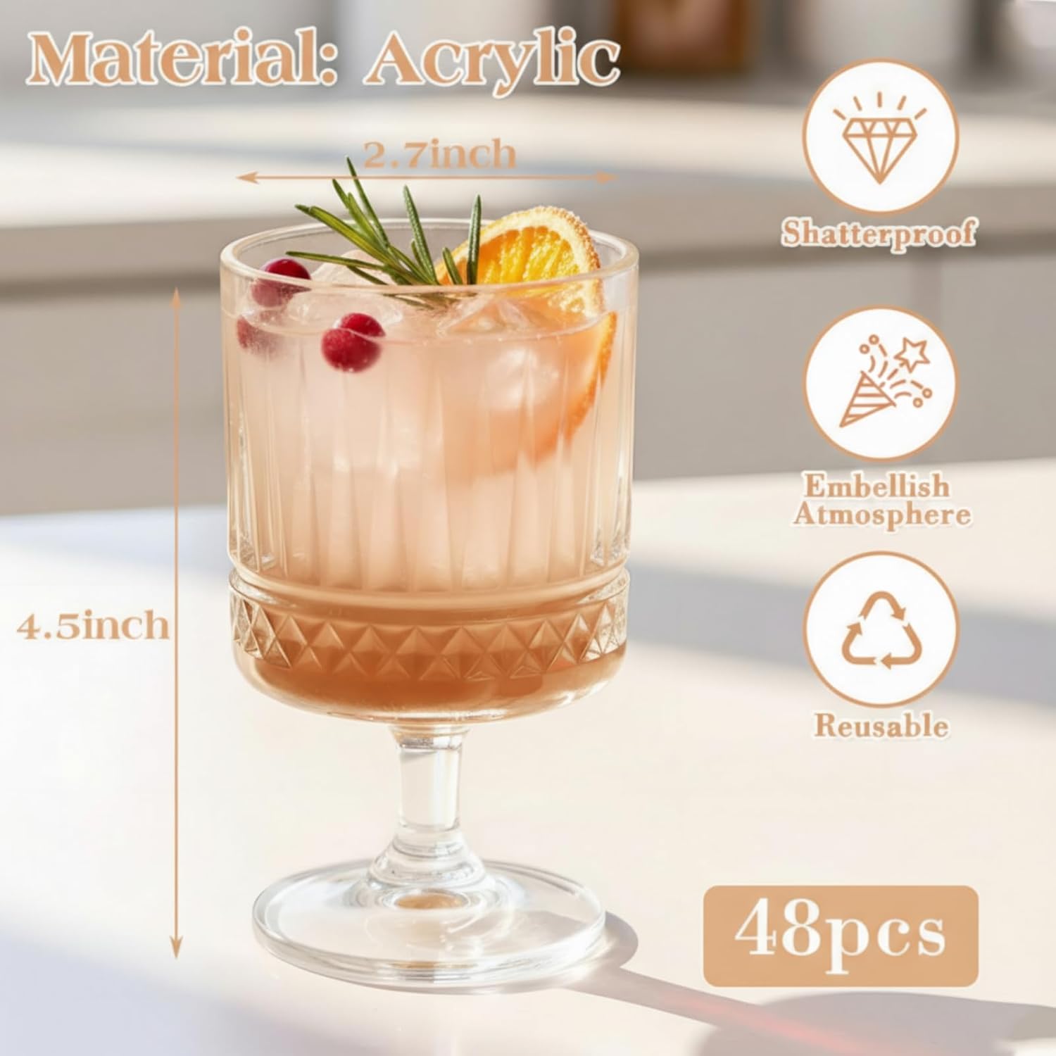 Vintage Goblet Glasses Set, 8 oz Plastic Water Goblets Unbreakable Clear Wine Glasses Bulk with Embossed Floral for Wedding Dining Birthday Guest Gift(48 Pcs,Rhombus) - Image 2