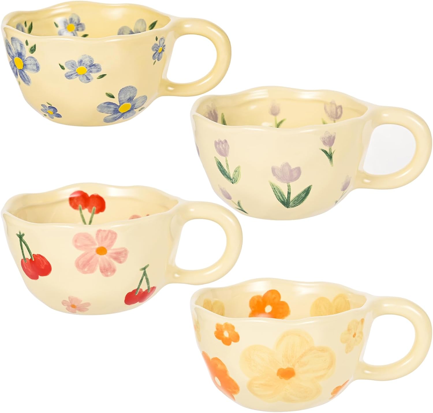 Ceramic Coffee Mug Vintage Flower Mugs 8 oz Cute Floral Coffee Mugs Irregular Latte Art Cup Lead-free Porcelain Cups for Cappuccino, Cocoa (4 Pack)