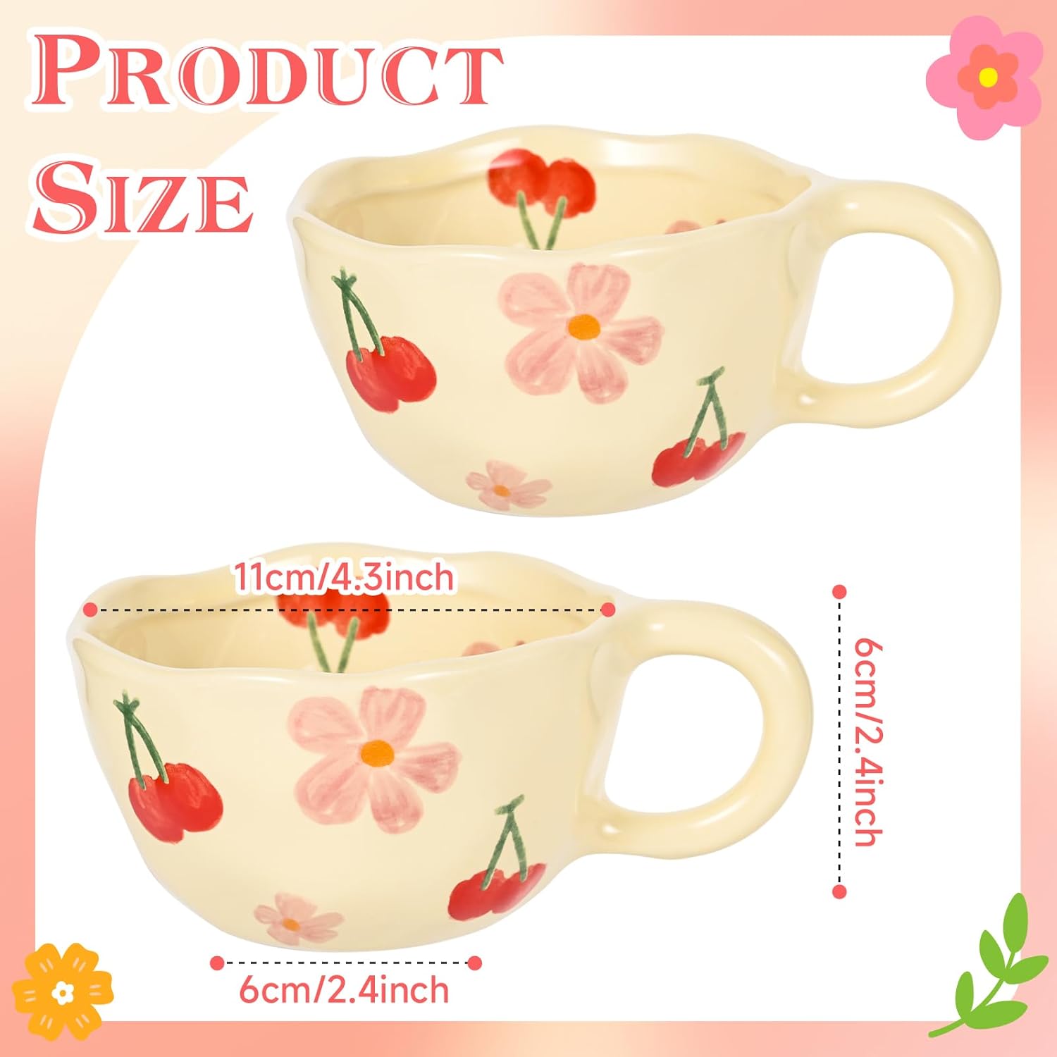 Ceramic Coffee Mug Vintage Flower Mugs 8 oz Cute Floral Coffee Mugs Irregular Latte Art Cup Lead-free Porcelain Cups for Cappuccino, Cocoa (2 Pcs Pink Cherry) - Image 2