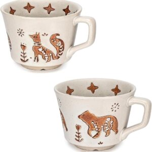 Vintage Ceramic Mug Set - 12 oz Unique Ceramic Coffee Mugs & Tea Cups with Hand-Drawn Patterns, Dishwasher & Microwave Safe, Ideal Gift (Fox and Bear)