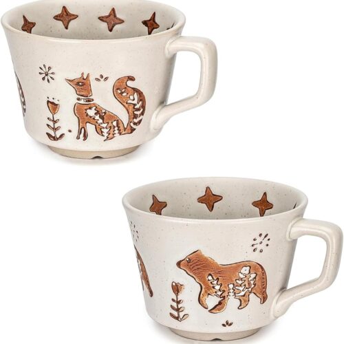 Vintage Ceramic Mug Set – 12 oz Unique Ceramic Coffee Mugs & Tea Cups with Hand-Drawn Patterns, Dishwasher & Microwave Safe, Ideal Gift (Fox and Bear)