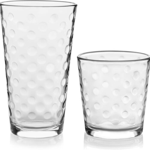 Tumbler and Rock Glasses Drinking Set, Elegant Polka Dot Drinking Glasses Set of 16, All Purpose Glass Cups Set for Events and Everyday Use