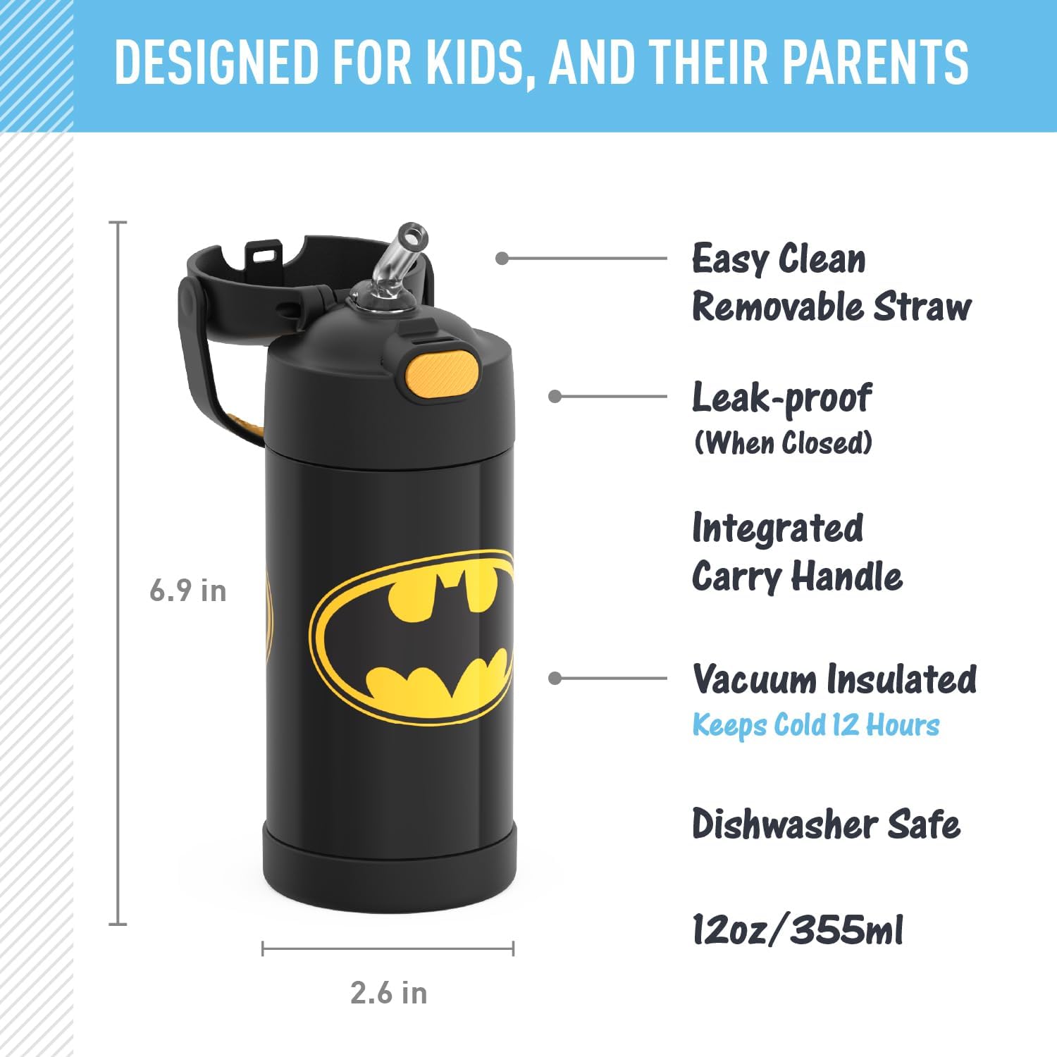 Water Bottle with Straw - 12 Ounce - Kids Stainless Steel Vacuum Insulated Water Bottle with Lid, Batman - Image 2