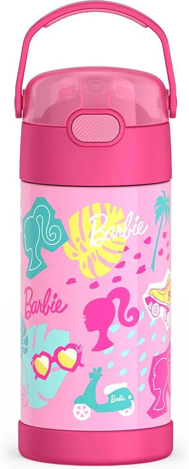 Water Bottle with Straw - 12 Ounce - Kids Stainless Steel Vacuum Insulated Water Bottle with Lid, Barbie