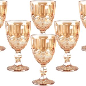 Vintage Wine Glasses Set of 6, 10 Ounces Colored Glass Water Goblets, Unique Embossed Pattern High Clear Stemmed Glassware Wedding Party Bar Glass Drinking Cups Floral Amber