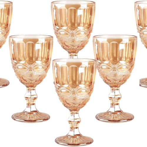 Vintage Wine Glasses Set of 6, 10 Ounces Colored Glass Water Goblets, Unique Embossed Pattern High Clear Stemmed Glassware Wedding Party Bar Glass Drinking Cups Floral Amber