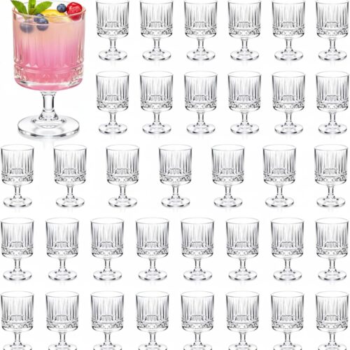 Vintage Goblet Glasses Set, 8 oz Plastic Water Goblets Unbreakable Clear Wine Glasses Bulk with Embossed Floral for Wedding Dining Birthday Guest Gift(48 Pcs,Rhombus)