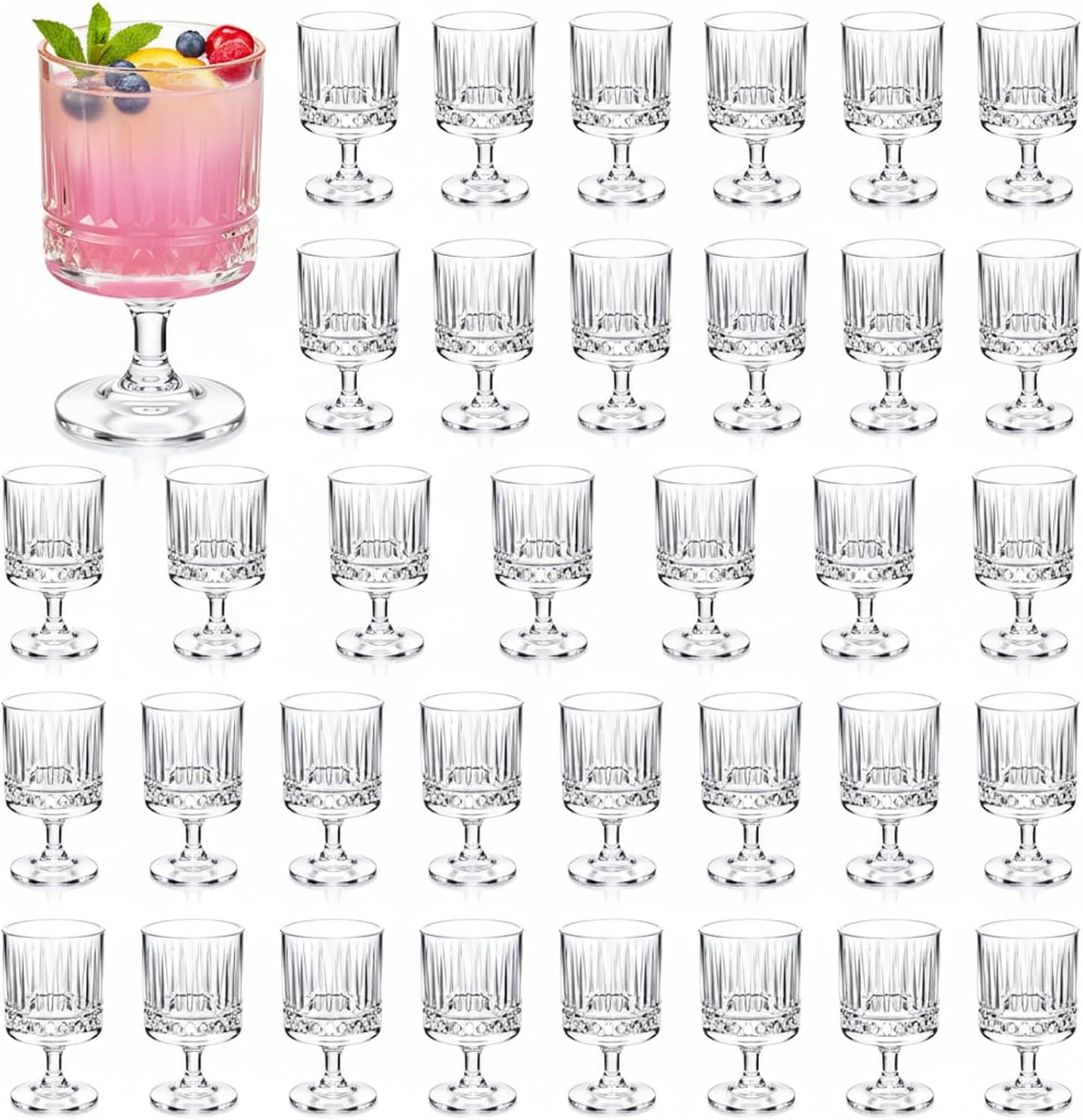Vintage Goblet Glasses Set, 8 oz Plastic Water Goblets Unbreakable Clear Wine Glasses Bulk with Embossed Floral for Wedding Dining Birthday Guest Gift(48 Pcs,Rhombus)