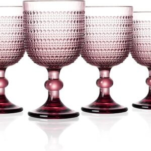 12 oz Purple Vintage Wine Glasses,Hobnail Drinking Glasses Set of 4,Embossed Goblet Glasses for Wedding,Party, Dinner,Bar