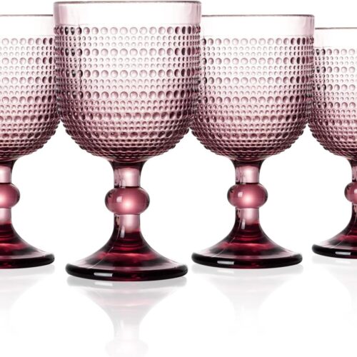 12 oz Purple Vintage Wine Glasses,Hobnail Drinking Glasses Set of 4,Embossed Goblet Glasses for Wedding,Party, Dinner,Bar