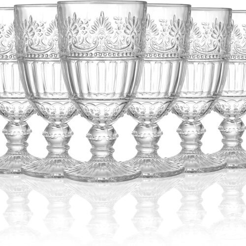 6 Pack Glass Goblet, 12 OZ Vintage Wine Glassware, Romantic Wedding Glass Set, Drinking Stemware Beverage Cups for Party, Bar, Champagne, Juice, Beer, Cocktail, Embossed Design