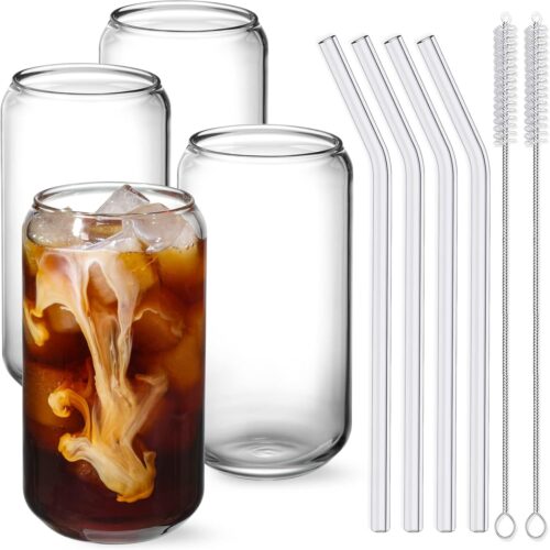 Drinking Glasses with Glass Straw 4pcs Set – 16oz Highball Glass Cups, Beer Glasses, Iced Coffee Glasses, Cute Tumbler Cup, Ideal for Whiskey, Soda, Tea, Water, Gift, 2 Brushes