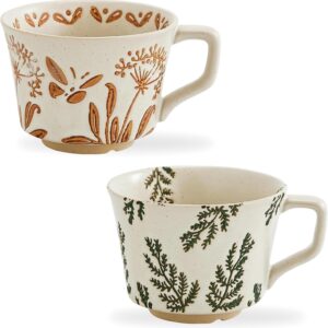 Vintage Ceramic Mug Set - 12 oz Unique Ceramic Coffee Mugs & Tea Cups with Hand-Drawn Patterns, Dishwasher & Microwave Safe, Ideal Gift