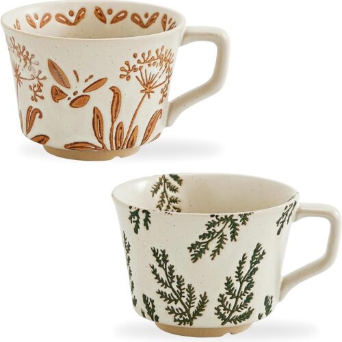 Vintage Ceramic Mug Set – 12 oz Unique Ceramic Coffee Mugs & Tea Cups with Hand-Drawn Patterns, Dishwasher & Microwave Safe, Ideal Gift