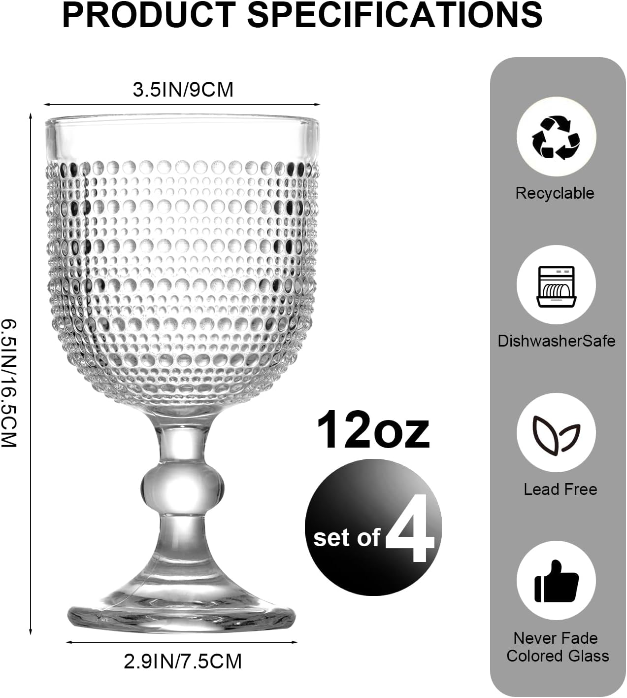 12 oz Clear Vintage Wine Glasses,Hobnail Drinking Glasses Set of 4,Embossed Goblet Glasses for Wedding,Party, Dinner,Bar - Image 2
