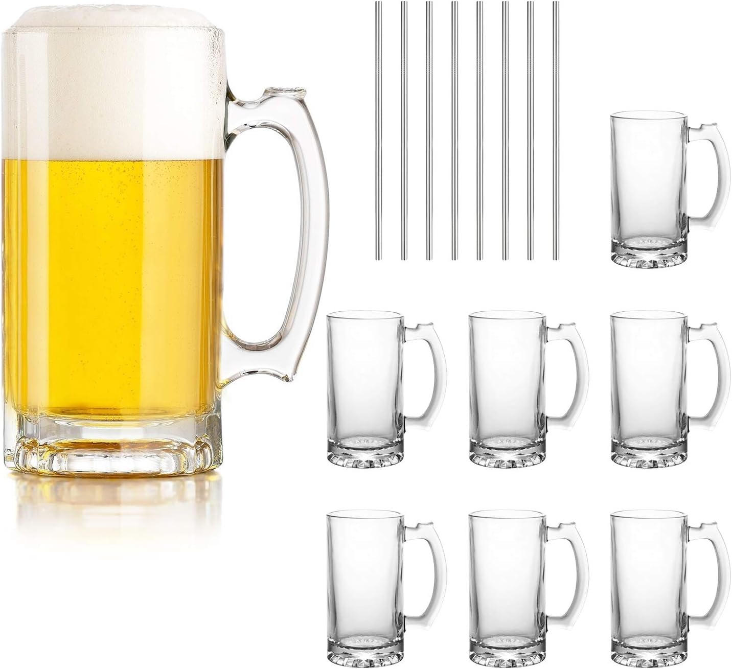 Beer Mugs Set,Glass Mugs With Handle 16oz,Large Beer Glasses For Freezer,Beer Cups Drinking Glasses 500ml,Pub Drinking Mugs Stein Water Cups For Bar,Alcohol,Beverages Set of 8 KTZB02…