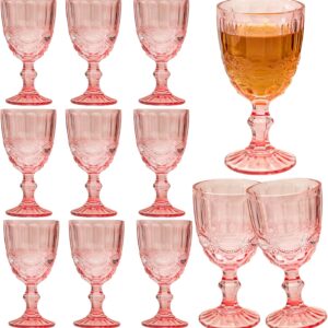12 Pcs Vintage Wine Glasses, 10 Ounces Colored Glass Water Goblets, Unique Embossed Pattern High Clear Stemmed Glassware Wedding Party Bar Glass Drinking Cups, Floral Pink Glasses Set of 12