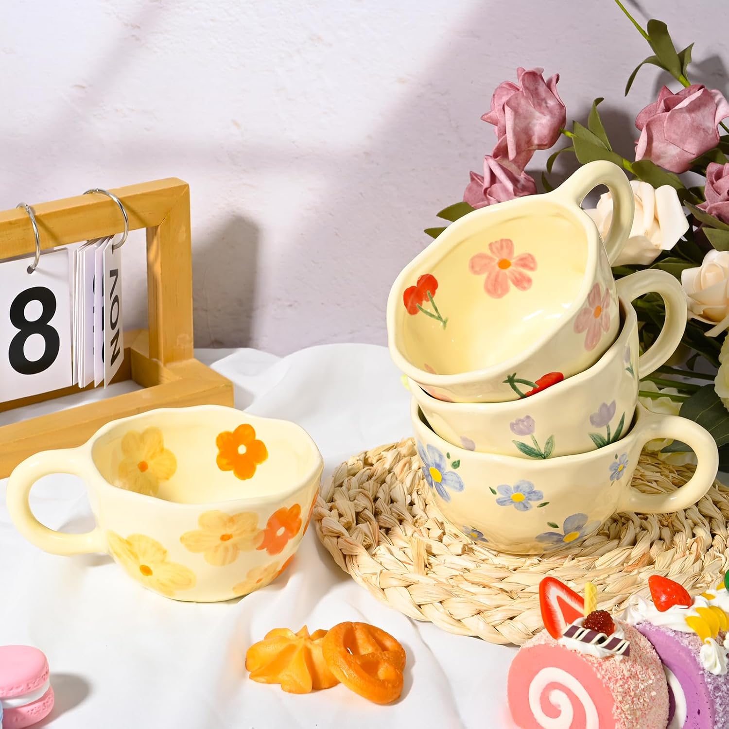 Ceramic Coffee Mug Vintage Flower Mugs 8 oz Cute Floral Coffee Mugs Irregular Latte Art Cup Lead-free Porcelain Cups for Cappuccino, Cocoa (4 Pack) - Image 2