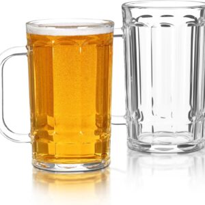 Beer Glasses, Set of 2 Beer Mug, Clear Beer Stein 11oz, Transparent Large Beer Mugs for Freezer, Glass Beer Mug, Glass Beer Mugs with Handles Dishwasher Safe