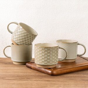 12OZ Stackable Coffee Mugs, Ceramic Coffee Mugs with Texture Patterns for Man,Woman,Dad,Mom, Modern Coffee Mugs Set of 4 for Latte/Cappuccino/Cocoa. Dishwasher&Microwave Safe, Pale Khaki