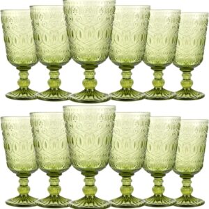 Wine Glasses Set of 12 Vintage Goblet 9 oz Vintage Colored Glass Goblet Beverage Stemmed Glass Cups Romantic Embossed Glassware for Wedding Party Holidays Anniversary (Green)