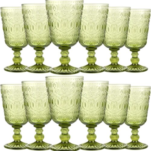 Wine Glasses Set of 12 Vintage Goblet 9 oz Vintage Colored Glass Goblet Beverage Stemmed Glass Cups Romantic Embossed Glassware for Wedding Party Holidays Anniversary (Green)
