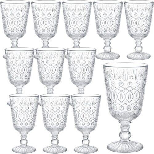 Wine Glasses Set of 12 Vintage Goblet 9 oz Vintage Colored Glass Goblet Beverage Stemmed Glass Cups Romantic Embossed Glassware for Wedding Party Holidays Anniversary (Clear)