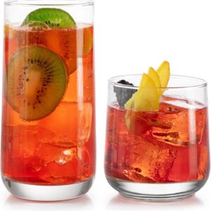 Tumbler and Rocks Drinking Glasses Set of 16, Glass Drinking Glasses with Curvature, Versatile Glassware Set for Parties and More