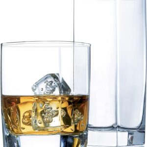 Everyday Drinking Glasses Set of 16 Drinkware Kitchen Glasses for Cocktail, Iced Coffee, Beer, Ice Tea, Wine, Whiskey, Water, 8 Tall Highball Glass Cups & 8 Short Old Fashioned