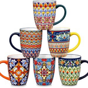 16 oz Coffee Mugs Set of 6, Large Ceramic Mug with Handle, Boho Coffee Cups for Latte, Cappuccino & Hot Chocolate, Dishwasher & Microwave Safe Gift Set, Series SIMI