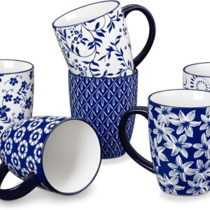 Large Coffee Mugs Set of 6, 16 Oz Porcelain Coffee Cups with Handle, Ceramic Tea Cup for Cappuccino, Latte, Tea, Cocoa, Dishwasher & Microwave Safe Gift Sets, Vintage Blue