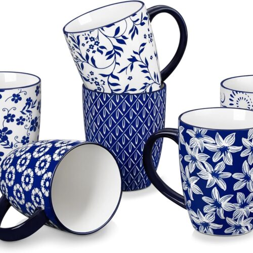 Large Coffee Mugs Set of 6, 16 Oz Porcelain Coffee Cups with Handle, Ceramic Tea Cup for Cappuccino, Latte, Tea, Cocoa, Dishwasher & Microwave Safe Gift Sets, Vintage Blue