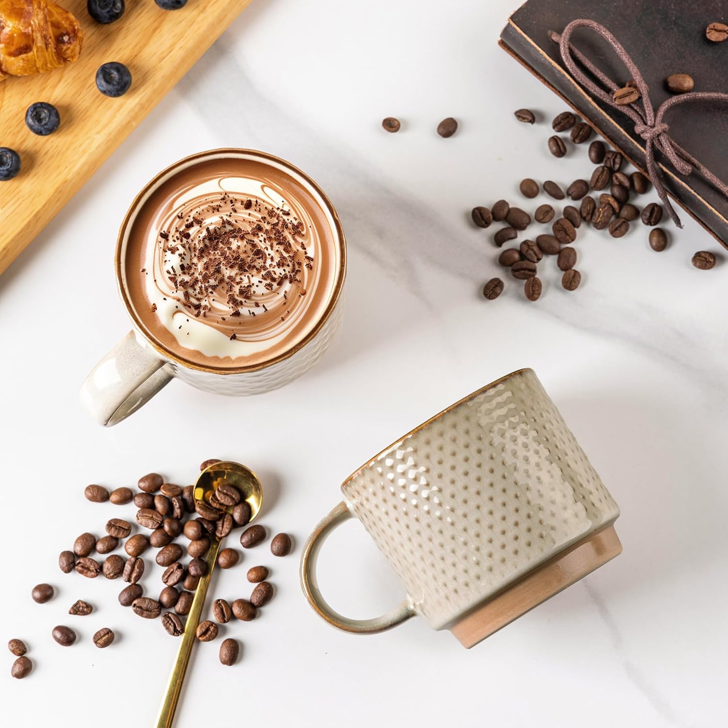 12OZ Stackable Coffee Mugs, Ceramic Coffee Mugs with Texture Patterns for Man,Woman,Dad,Mom, Modern Coffee Mugs Set of 4 for Latte/Cappuccino/Cocoa. Dishwasher&Microwave Safe, Pale Khaki - Image 2