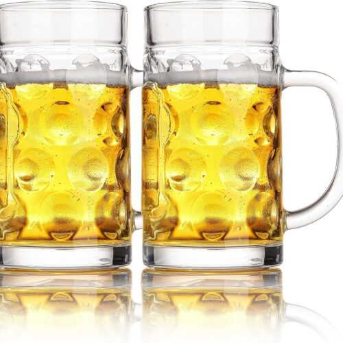 Freezer Beer Mugs, 20 oz Large Heavy Glass Mugs with Handles Set of 2, Clear Large Beer Steins for Tea, Coffee, Lead-Free Glasses Oktoberfest Style, Best Gifts for Dad Husband or Friend