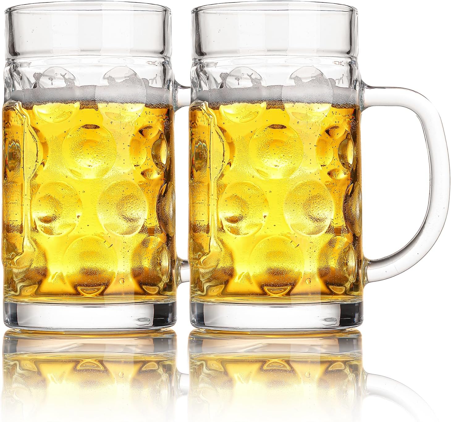 Freezer Beer Mugs, 20 oz Large Heavy Glass Mugs with Handles Set of 2, Clear Large Beer Steins for Tea, Coffee, Lead-Free Glasses Oktoberfest Style, Best Gifts for Dad Husband or Friend