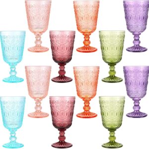 Wine Glasses Set of 12 Vintage Goblet 9 oz Vintage Colored Glass Goblet Beverage Stemmed Glass Cups Romantic Embossed Glassware for Wedding Party Holidays Anniversary (Multi Colors)