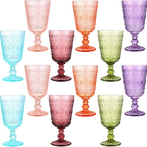 Wine Glasses Set of 12 Vintage Goblet 9 oz Vintage Colored Glass Goblet Beverage Stemmed Glass Cups Romantic Embossed Glassware for Wedding Party Holidays Anniversary (Multi Colors)