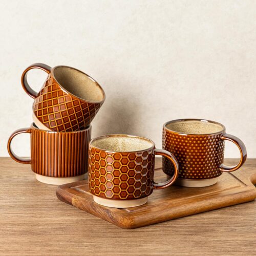 12 OZ Stackable Coffee Mugs, Ceramic Coffee Cups with Texture Patterns for Man,Woman,Dad,Mom, Modern Mugs Set of 4 for Latte/Cappuccino/Cocoa. Dishwasher&Microwave Safe