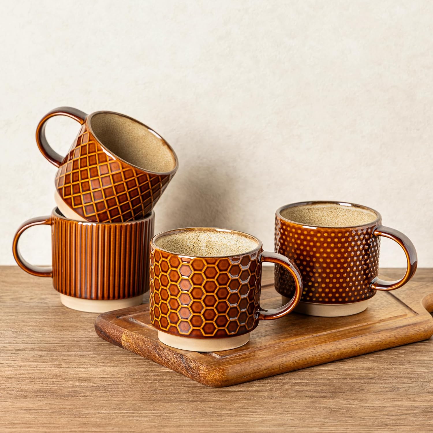 12 OZ Stackable Coffee Mugs, Ceramic Coffee Cups with Texture Patterns for Man,Woman,Dad,Mom, Modern Mugs Set of 4 for Latte/Cappuccino/Cocoa. Dishwasher&Microwave Safe