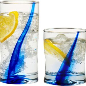 16 Piece Tumbler and Rocks Glass Set, Infused Blue Ribbon Drinkware Glasses Set, Artisan Inspired Four-Dimple Shaped Rock Glasses, Dishwasher Safe Tumbler Glasses Set