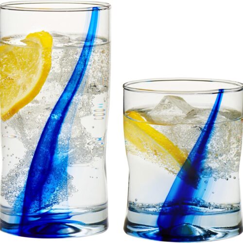 16 Piece Tumbler and Rocks Glass Set, Infused Blue Ribbon Drinkware Glasses Set, Artisan Inspired Four-Dimple Shaped Rock Glasses, Dishwasher Safe Tumbler Glasses Set