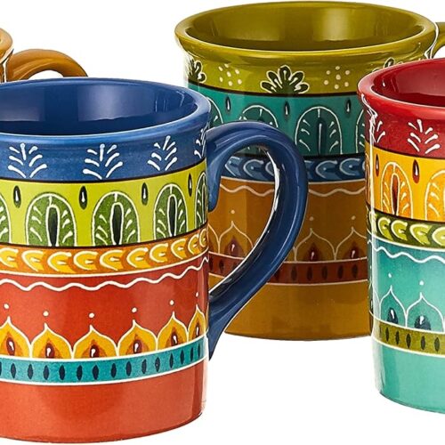 Mugs Set of 4 – 16 oz Colorful Ceramic Coffee Cups with Bold Multicolor Patterns, Microwave & Dishwasher Safe, Boho Kitchen Drinkware for Tea, Cocoa & More