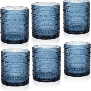 Cocktail Glasses 10 oz Hobnail Drinking Glasses Set of 6, Vintage Glassware, Textured Glass Cups Bubble Glasses Water Glasses Old Fashion Jupiter Glasses Set, Blue